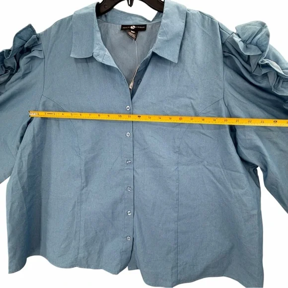 Ashley Stewart Blue Ruffle Sleeve Button Front Blouse Size 22/24 Plus NWT New - Picture 8 of 12